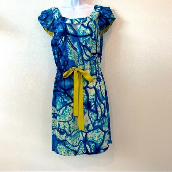 Yoana Baraschi Blue Dress With Chartreuse Accent Belt 100% Silk  Anthropologie - Picture 7 of 16